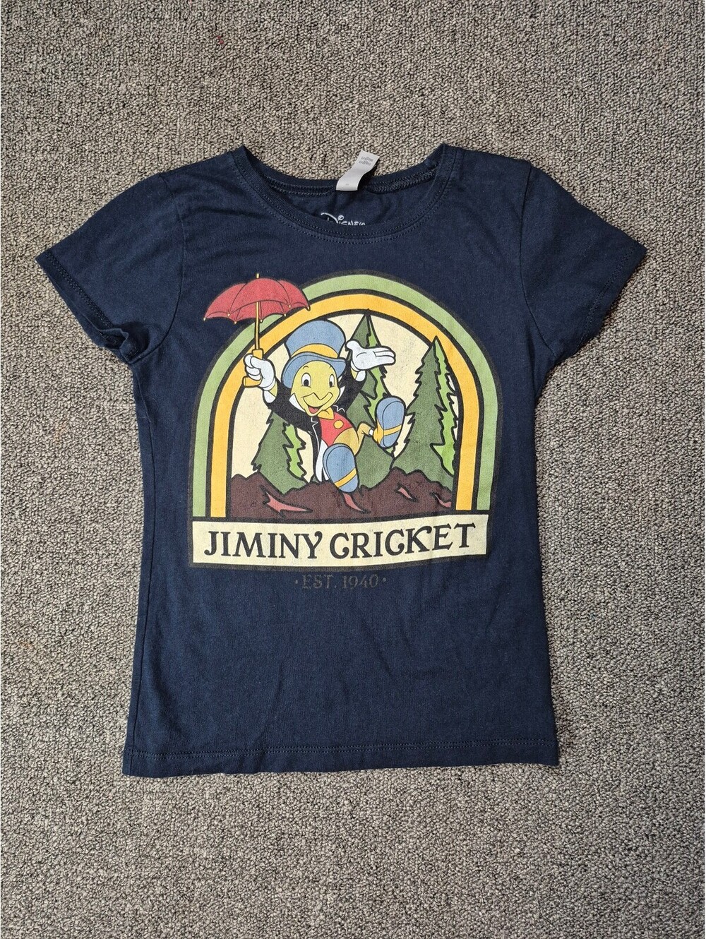 Disney Girls Jiminy Cricket Graphic T-Shirt Size 7/8 Navy Pinocchio Tee